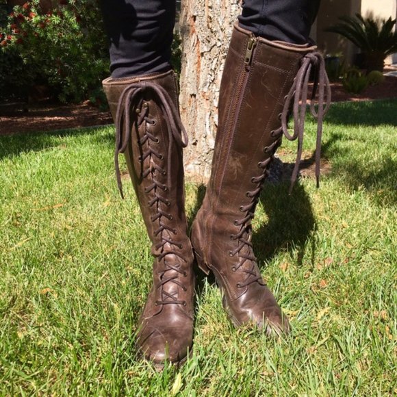 Frye Melissa Tall Classic Brown Leather Lace Up Knee High Equestrian Riding Boot - Picture 3 of 14